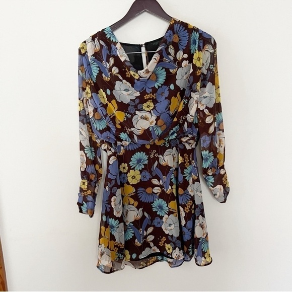 Zara Floral Shift Dress Long Sleeves Retro Print Mini Length Size Small NEW - Picture 1 of 12